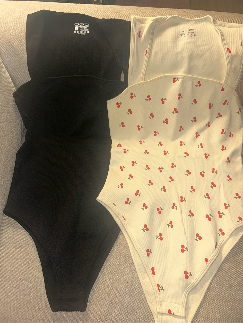 OQQ DUO Ribbed BODYSUIT SET, Cherry Print Tank Bodysuit & black bodysuit
